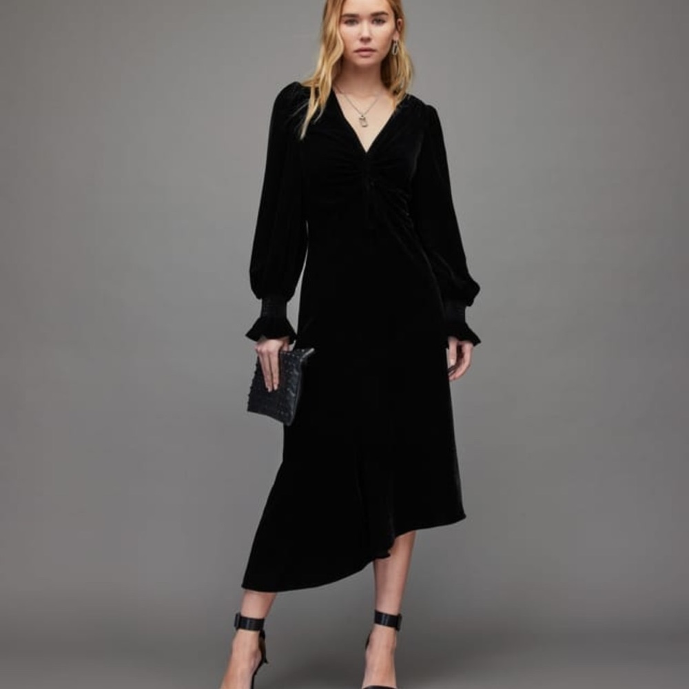 Black Asymmetrical Velvet Dress with Ruched Bodice
